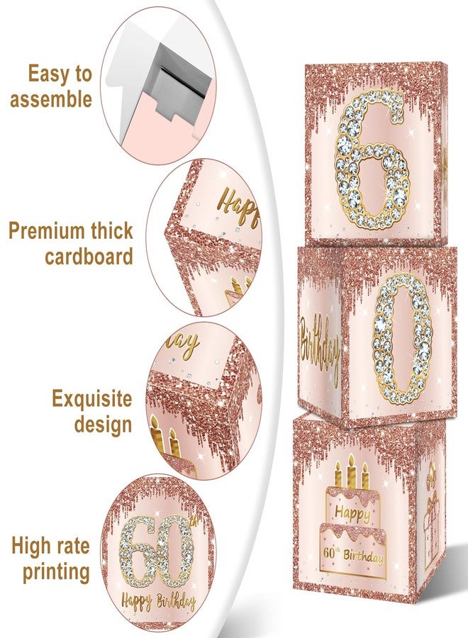 Guiruiy 3 Packs Pink Rose Gold 60th Birthday Balloon Boxes, 10.6 x 10.6 x 10.6 inches, Happy 60th Birthday Decorations for Women - Image 3